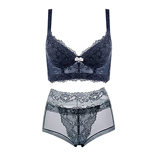 Ensemble lingerie dentelle bleu foncé 90B avec soutien-gorge col plongeant sans fil - 2