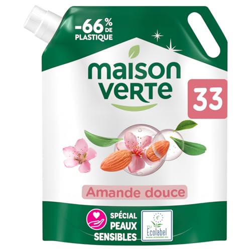 Maison Verte, Lessive Liquide Detachante Ecolabel en format Recharge, Amande Douce, Efficace des 20°C, Special Peaux Sensibles, Sans Colorants, Sans Conservateurs ajoutes MIT/BIT, 33 Lavages