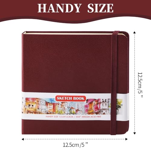 Image of 5x5 Pocket Sketch Book,80gsm Hardcover Art Sketchbook for Drawing Journal | PU Cover,Blank Paper,96Sheets /192Pages,Lay-Flat,Portable Travel Creation Paint Diary Memo Planner,Dry Media.Dark Red
