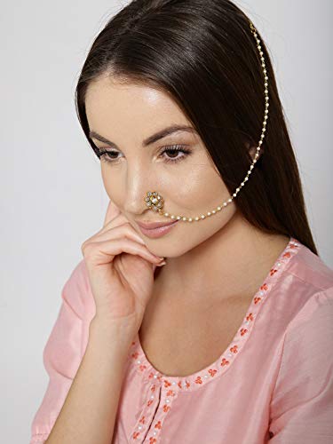 Priyaasi Floral Kundan Nose Pin/Nath/Clip-On Nose Ring For Women With Pearl Chain | Gold Plated | Nose Ring Hoop For Women | Traditional Design | Bridal Nath For Wedding | Nose Pin Without Piercing #TOP1