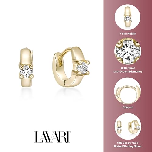 Lavari Jewelers Lab Grown Diamond Huggie Hoop Earrings for Women - 18k Yellow Gold Plated 925 Sterling Silver Earrings for Her (F-G, VS1-VS2, 0.10 cttw) Petite Hypoallergenic Snap-In Hinged Hoops 6