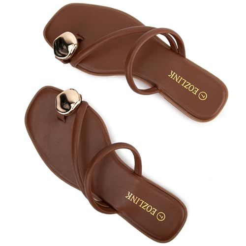Image of Eozlink Women's Toe Ring Flat Sandals, Slip On Dressy Summer Slides | PU upper with square toe and metal accent for resort and casual outfits