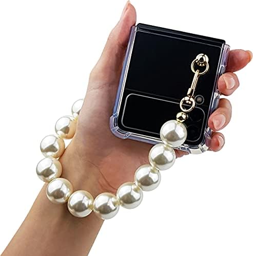 Qoosan Bling Beads Wrist Strap Clear Cover for Samsung Galaxy Z Flip 3 Case 5G (2021) for Women, Pearl