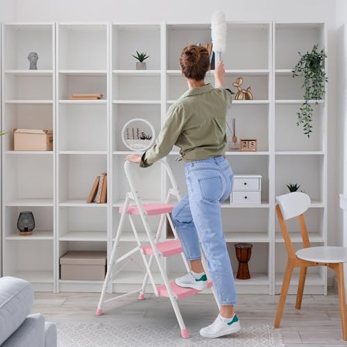 Image of BONTEC 3-Step Ladder, Folding Step Stool, 600lbs Max Load Capacity, Pink