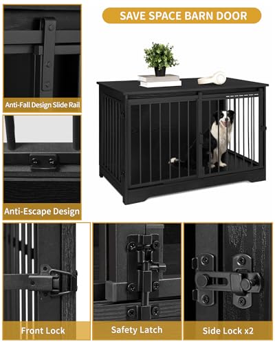 Hzuaneri Hundekäfig Möbel, 100cm hundebox für zuhause, Schiebetüren, 2 Tür, Moderne hundebox Holz Indoor für kleine/mittlere/große Hunde, Hundekäfig für Zuhause, 100 x 60 x 68 cm, Schwarz DFC02304B