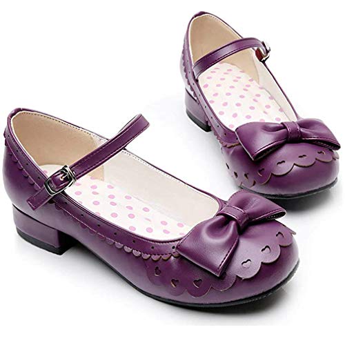 Parisuit Women's Mary Jane Round Low Heel Pumps Flat Ankle Strap Rockabilly Bowtie Shoes2