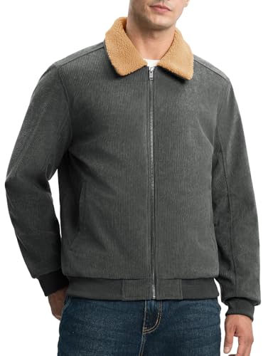 Image of Rdruko Men's Corduroy Sherpa Fleece Lined Jacket Turn-Down Collar Warm Winter Jacket, Dark Grey, XL