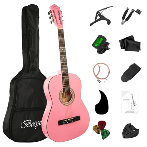 BESYOU 38in Beginner Acoustic Guitar Basic Starter Kit Tuner Bag Capo Strings Winders Strap Picks Student/Kids Guitar Pickguard with Gig Bag Pink