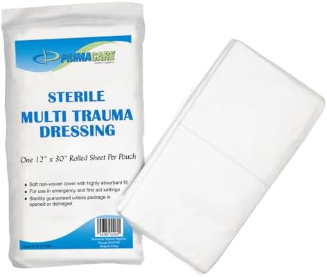 Primacare WT-7705 First Aid Sterile Multi Trauma Dressing for Stopping Heavy Bleeding in Large Open Wounds, Treating Lacerations and Piercing Injuries, 30" x 12"