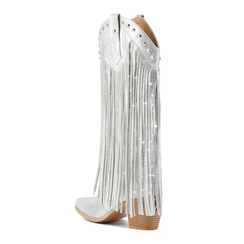 AIJIVOU Women's Rhinestone Fringe Cowgirl Boots, Sparkly Western Cowboy Boots Pointed Toe Knee Block Chunky Middle Heel Pull On Mid Calf Boots for Women Girl Party2