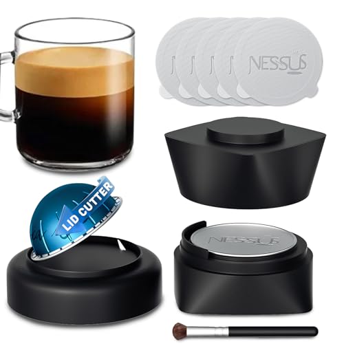 Image of NESSUS Refill Kit for Reusable Nespresso Vertuo Pods, Lid Quick Opener for Original Seal, 50PCS Aluminum Foil Lids, Tamp & Press Refillable Vertuo Capsules Holder and Brush