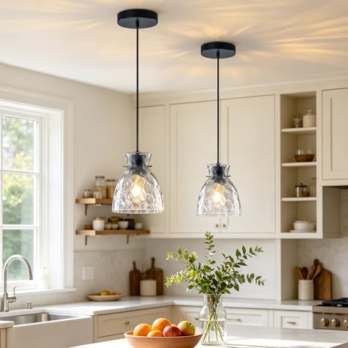 6" Mini Hammered Glass Black Pendant Lights Kitchen Island Lighting 2 Pack