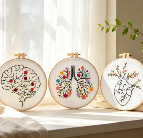 Image of Armindou Flowers Embroidery Kits for Beginners Adults, Hand Embroidery Set Needlepoint Kits, Floral Stamped Cross Stitch Kits for Beginners Adults, 3 Embroidery Hoops, Fabric (Attached Video Tutorial)