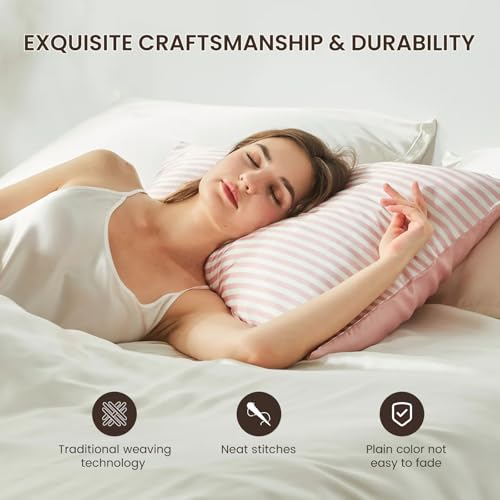 THXSILK Mulberry Silk Pillowcase for Hair and Skin Health, Grade 6A+ Mulberry Silk Pillowcase with Hidden Zipper, Soft and Breathable, 1pc (Standard 20"x26", Pink White Stripes)
