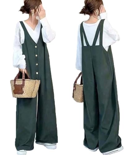 [YINGDIE] レディース オールインワン サロペット オーバーオール ロングパンツ ワイドパンツ サロペットスカート ロングズボン スラックス サスペンダー ガウチョパンツ ジャンパーズボン つり カジュアル ボタン マキシ フレア 春夏秋冬 (グリーン,L)のサムネイル