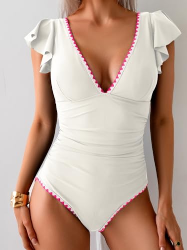 Image of Aidonger Women's One Piece Ruffle Swimsuit Tummy Control Bathing Suit V Neck Shell Stitched Swim Suit Slimming Swimwear