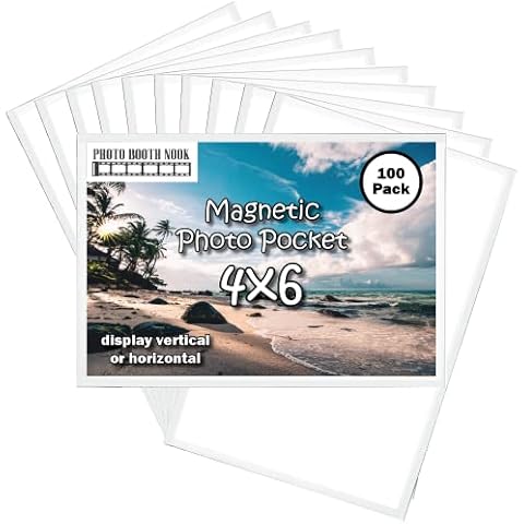 Photo Booth Nook - Premium Magnetic Pocket Picture Refrigerator Frame, White, Holds 4 x 6 Inches Photos, 100 Pack Cover