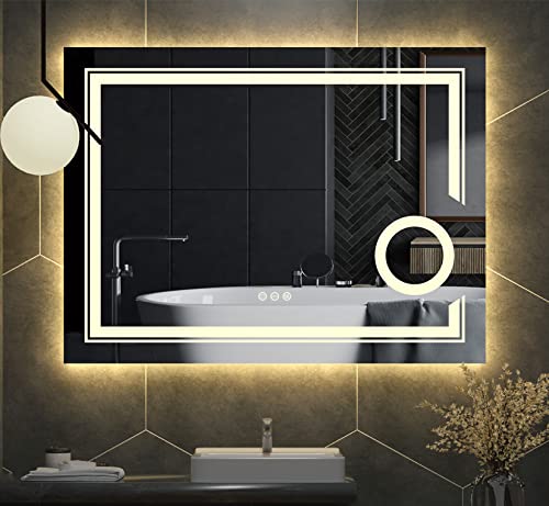 LUVODI Espejo de Baño Pared con Iluminación LED Espejo de Baño Moderno con Interruptor Táctil y 3X Aumento Función Anti-Niebla Adecuado para Baño Tocador Dormitorio 60x80cm Cover