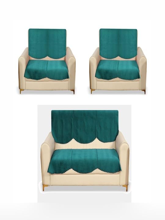 Image of Blush and Bloom 7 Seater L Shape Self Design Velvet Quilted Sofa Cover and Chair Cover, Seat and Back Cover (Teal Green)
