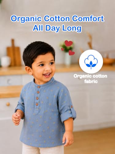 Image of Kidbea Boys Cotton Mandarin Collar Shirt Long Sleeves Short Kurta for Kids