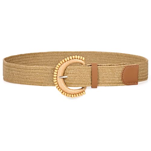 Image of Straw Woven Elastic Belt for Women Stretchy Belts for Dress Fashion Boho Waist Belt Rattan Raffia Ladies Belts
