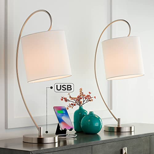 360 Lighting Ferris Modern Arc Table Lamps Set Of 2 With Usb Charging Port 26" High Brushed Nickel Silver Metal White Drum Shade For Living Room Bedroom House Bedside Nightstand Home Office #TOP13