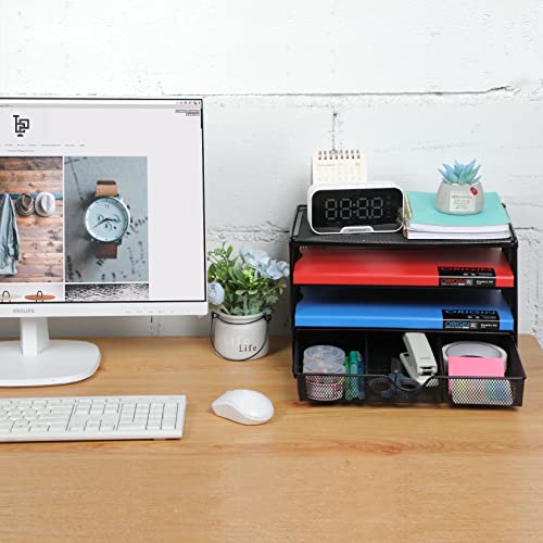 Samstar Paper Letter Tray, 3 Tier Desk Document File Organizer Paper Sorter Letter Shelf Rack with 1 Extra Sliding Drawer, Mesh Made, Black