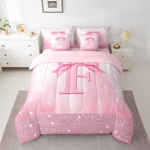 Image of Feelyou Kids Pink Bowknot Comforter Set with Sheets Queen Size, Personalized Initial F 7 Pieces Bedding Set Boys Girls Princess Glitter Bed in A Bag Bow Alphabet Teens Bed Set Bedroom Decor 7Pcs