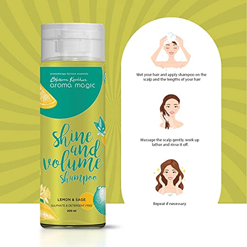 Image of Aroma Magic Shine & Volume Shampoo | Antifungal, Oil-Balancing, Boosts Shine & Texture | with Lemon & Sage Essential Oils | Vitamin A, C & D | All Hair Type | 200ml (Pack of 2)