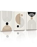 HesenDot Abstract Geometric Wall Art Set of 3, 30x40CM Minimalist Line Framed Canvas Prints, Boho Modern Neutral Beige Black Shapes Wall Decor for Living Room Bedroom Bathroom Office Home