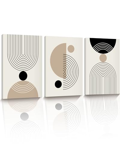 HesenDot Abstract Geometric Wall Art Set of 3, 30x40CM Minimalist Line Framed Canvas Prints, Boho Modern Neutral Beige Black Shapes Wall Decor for Living Room Bedroom Bathroom Office Home