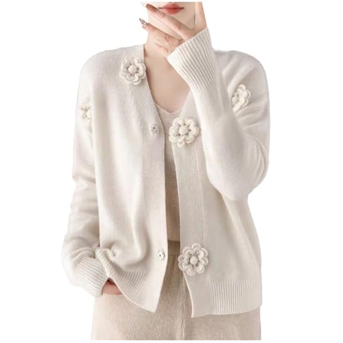 Womens 2025 Trendy V Neck Button Down Cardigan Fall Oversized Casual Loose 3D Flower Open Front Knit Sweater Jumper Top