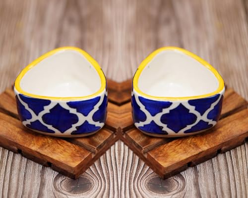Image of Freakway Hand Painted White Ceramic Dip Bowls | Bowls Set of 2, 40Ml | Bowl for Serving Chutney Bowl /Pickle Bowl /Small (BLU & YLW)