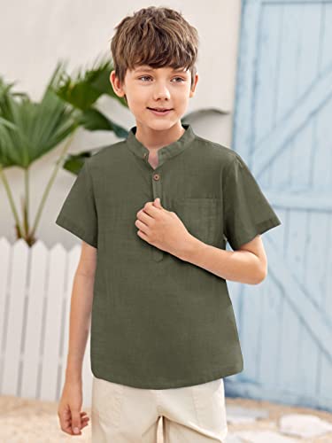 Image of Inorin Boys Button Up Henley Shirts Short Sleeve Summer Cotton Dress Shirt | Kids Casual Tees Tops, Chest Pocket, Solid Color Basic T-shirts, 5-14 Years