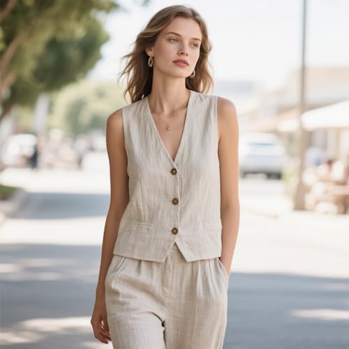 Mi Bo Tong Linen Women 2 Piece Pants Suit Set Casual Vest and Pant Suits Cool Summer Outfits2