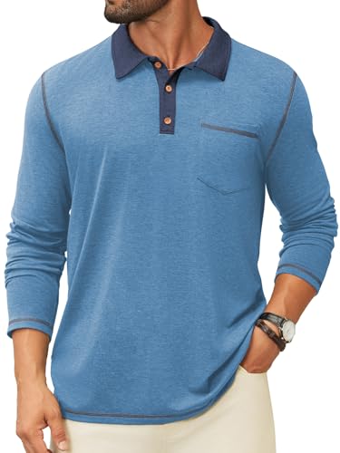 Hardaddy Men's Long Sleeve Casual Polo Shirts Collared Contrast Color Lightweight Golf Shirt with Pocket Blue XXL