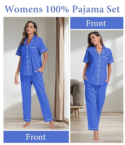 Image of CF Womens 100% Cotton Pajamas Set Button Down Pjs Sets Short Sleeve Top & Long Pants Sleepwear Comfy Loungewear with Pockets