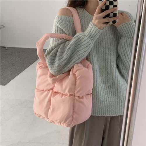 MadGrandeur Puffer Tote Bag Damen Glänzend Gesteppt Reißverschluss Puffy, Daunen Gepolsterte Schultertasche Niedliche Handtasche Ästhetische Handtasche, Z-pink, Large