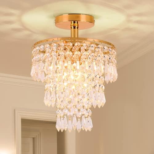 FRIXCHUR 7.9 in Gold Mini Crystal Chandelier, Flush Mount Ceiling Light