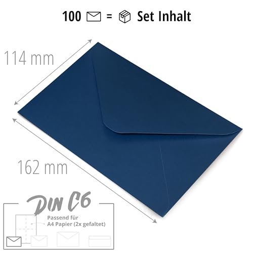 Japun – Briefumschläge (100 Stück) aus Papier, Kuvert, Umschlag ohne Fenster - DIN C6-162 x 114 mm - blau