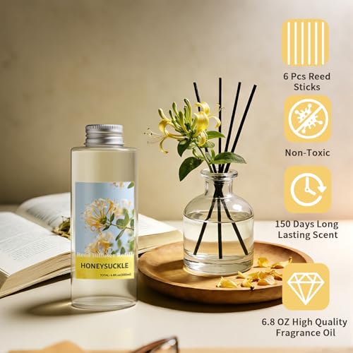 Image of STRN Reed Diffuser Oil Refill, Honeysuckle Scented Diffuser Oil Refills with 6 Reed Sticks 200ML(6.8fl.oz), Room Fresheners for Home, Long-Lasting Summer Fragrance for Living Room, Bedroom, Office