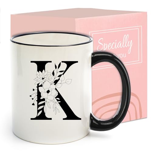 Monogram Ceramic Coffee Mugs, 11 oz Initial Drinking Cup with Gift Box, Unique Birthday Valentines Day Gifts for Women Wife Mothers Day Grandma Mom Aunt, K