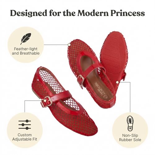Image of EMMA NEW YORK Mesh Ballet Flats for Women, Mary Jane Mesh Ballet Flats Shoes for Women with Buckle Strap