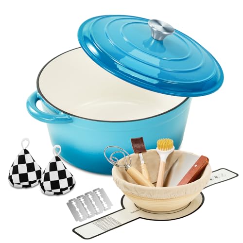 Blingco Enameled Cast Iron Dutch Oven with Lid -6.5 QT, incl. Sourdough Bread-Baking Supplies like Banneton Proofing Basket, Heavy Duty Cookware Bread-Oven for Baking, Stews, and Roasting, Sea Blue