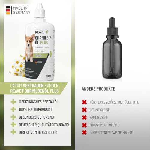 ReaVET Ohrmilbenöl Plus 100ml sofort wirksames Mittel für Hunde – gegen Ohrmilben mit Kamille, Sanfte Pflege bei Juckreiz im Ohr, Ohrentropfen Milben, Ohrenreiniger