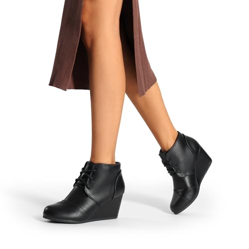 DREAM PAIRS TOMSON Women's Casual Fashion Outdoor Lace Up Low Wedge Heel Booties Shoes black Pu 7.5 B(M) US