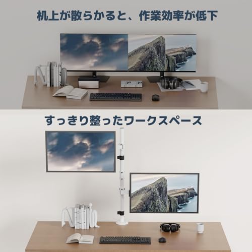 WORLDLIFT モニターアーム 縦 上下 2画面 デュアル ロングポール 水平可動 クランプ式 32インチ対応 耐荷重8KG 白 ホワイト