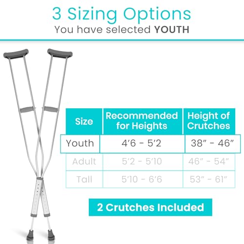 Vive Crutches for Kids - Pair of Adjustable, Lightweight, Aluminum Walking Crutches - Accessories Fits Heights- 3 Sizes for Youth, Adults, Tall People - Supports Up to 300 Pounds (Youth)