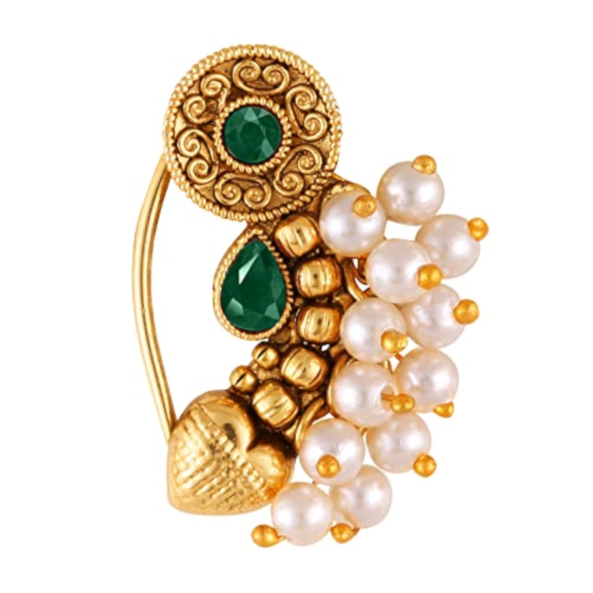 Women's Premium Gold Plated Nath with Green Diamond Pearl Studs