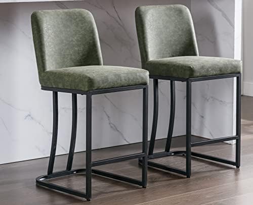 VESCASA 24" H Counter Height Barstools with Back, Mid Century Modern Faux Leather Upholstered Counter Stool Chairs with Black Metal Frame for Kitchen Island, Bar, Pub, Set of 2, Green